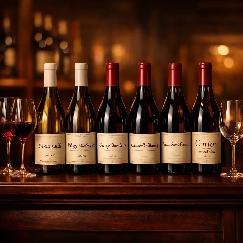 Sélection de bouteilles de vin de Bourgogne sur une étagère en bois sombre, avec des verres en cristal.