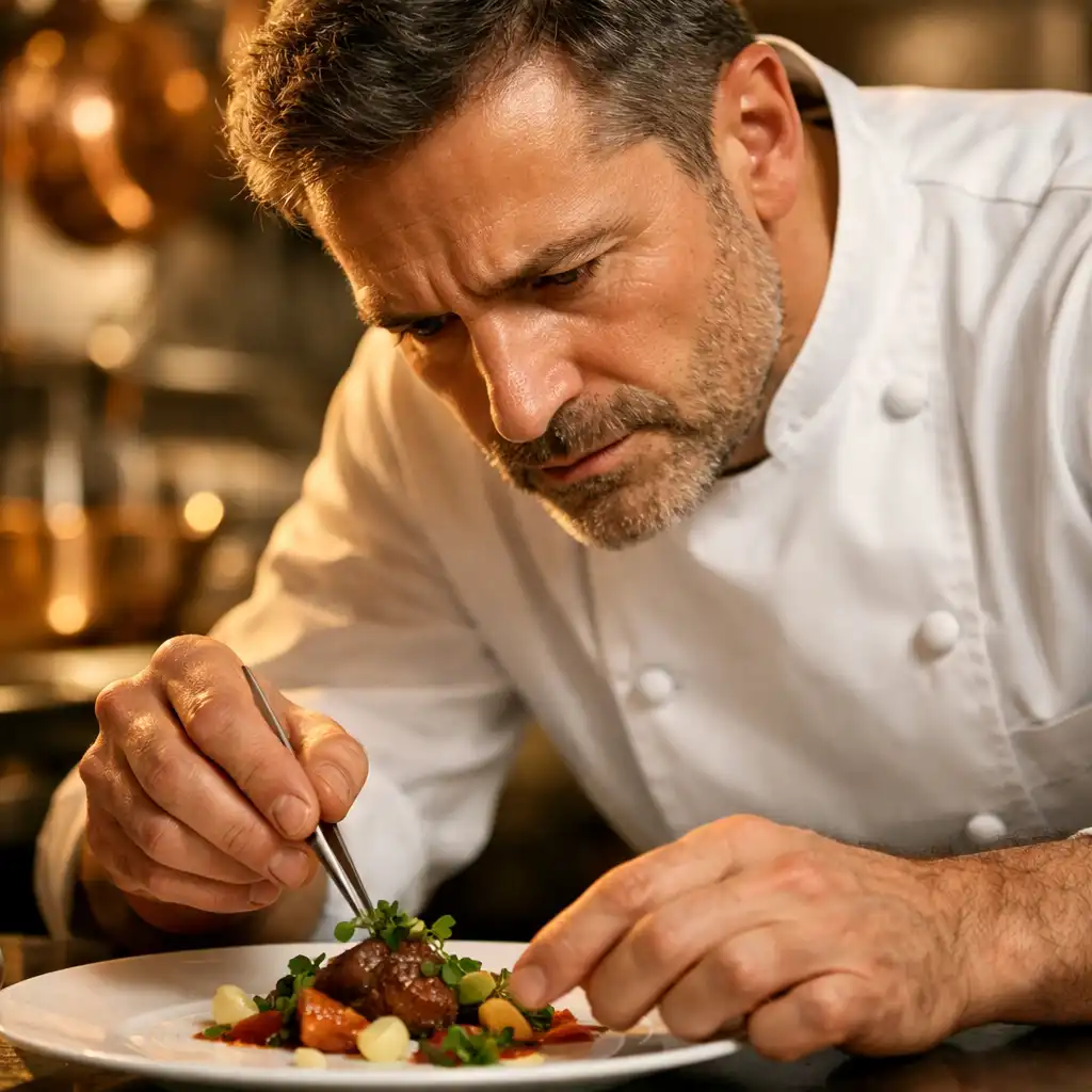 Chef en cuisine dressant une assiette avec précision, veste blanche et ustensiles en cuivre en arrière-plan.