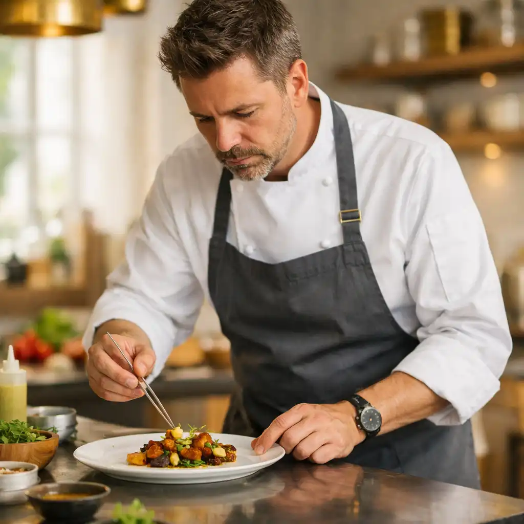Le chef de Salon Mimosa dressant un plat avec précision dans sa cuisine lumineuse.