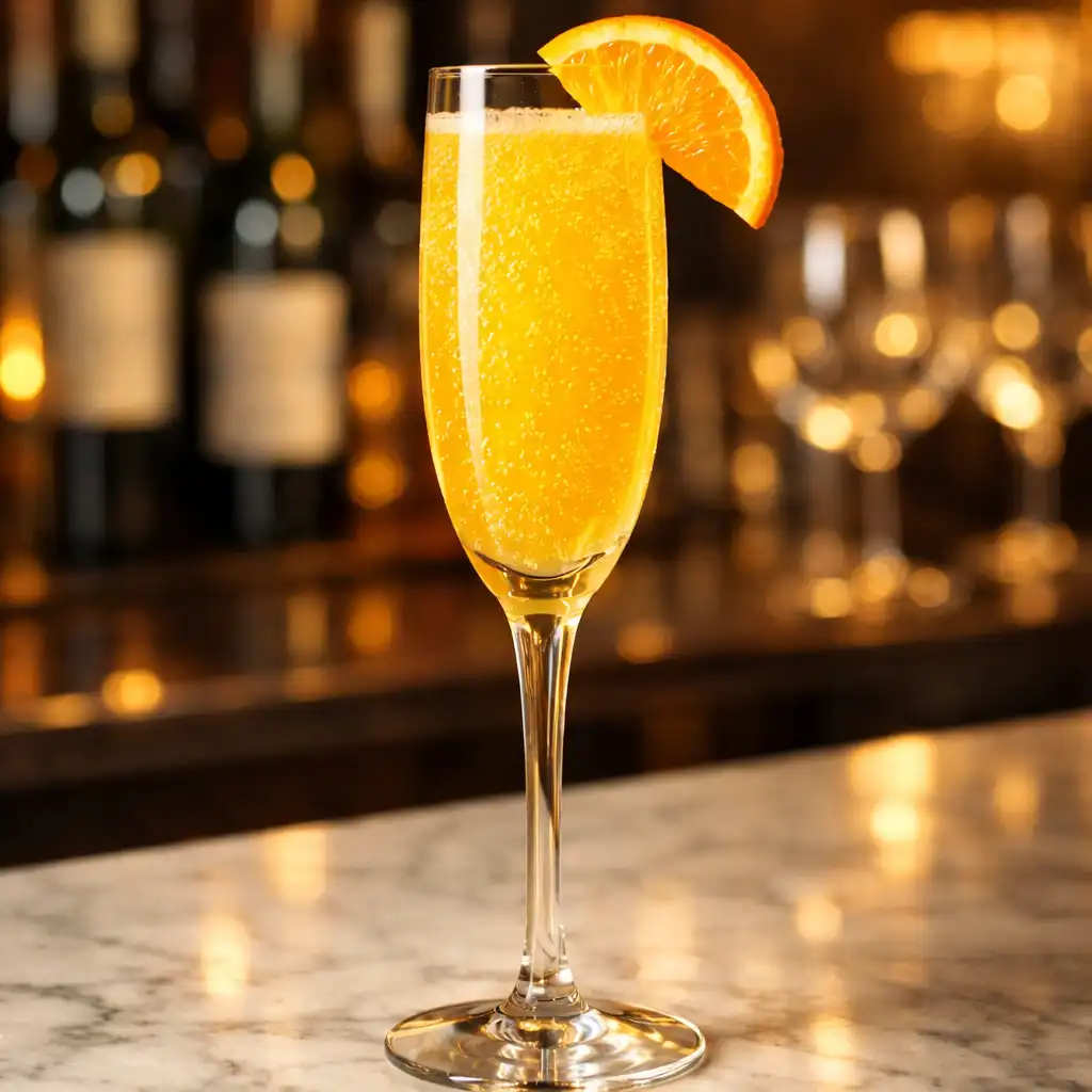 Cocktail Mimosa Royal dans une flûte à champagne avec tranche d'orange, posé sur un bar en marbre.