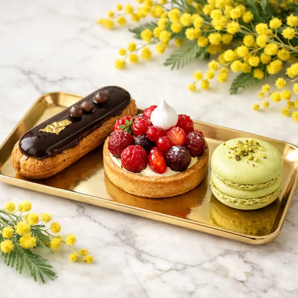 Assortiment de desserts artistiques : éclair au chocolat, tartelette aux fruits rouges et macaron à la pistache.