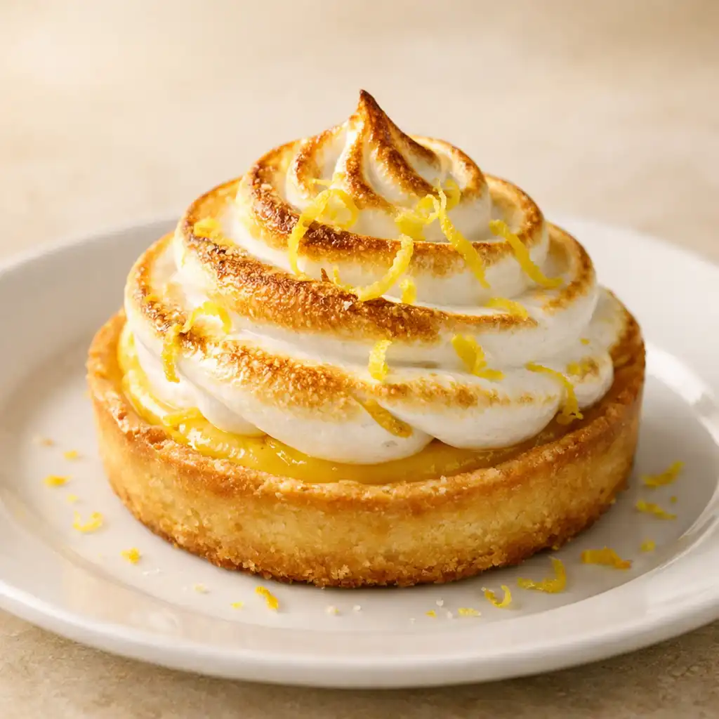 Tarte au citron meringuée avec meringue dorée et zestes de citron.