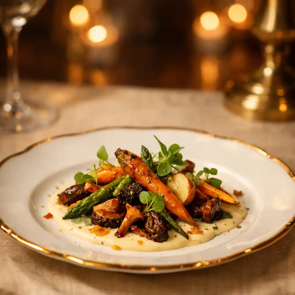 Plat raffiné de la cuisine française contemporaine servi sur une assiette en porcelaine blanche aux bords dorés