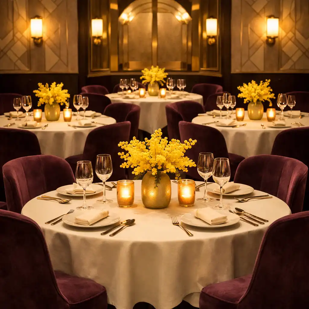 Salle de restaurant Art Déco préparée pour une soirée privée avec tables rondes nappées de blanc et chaises en velours deep-plum