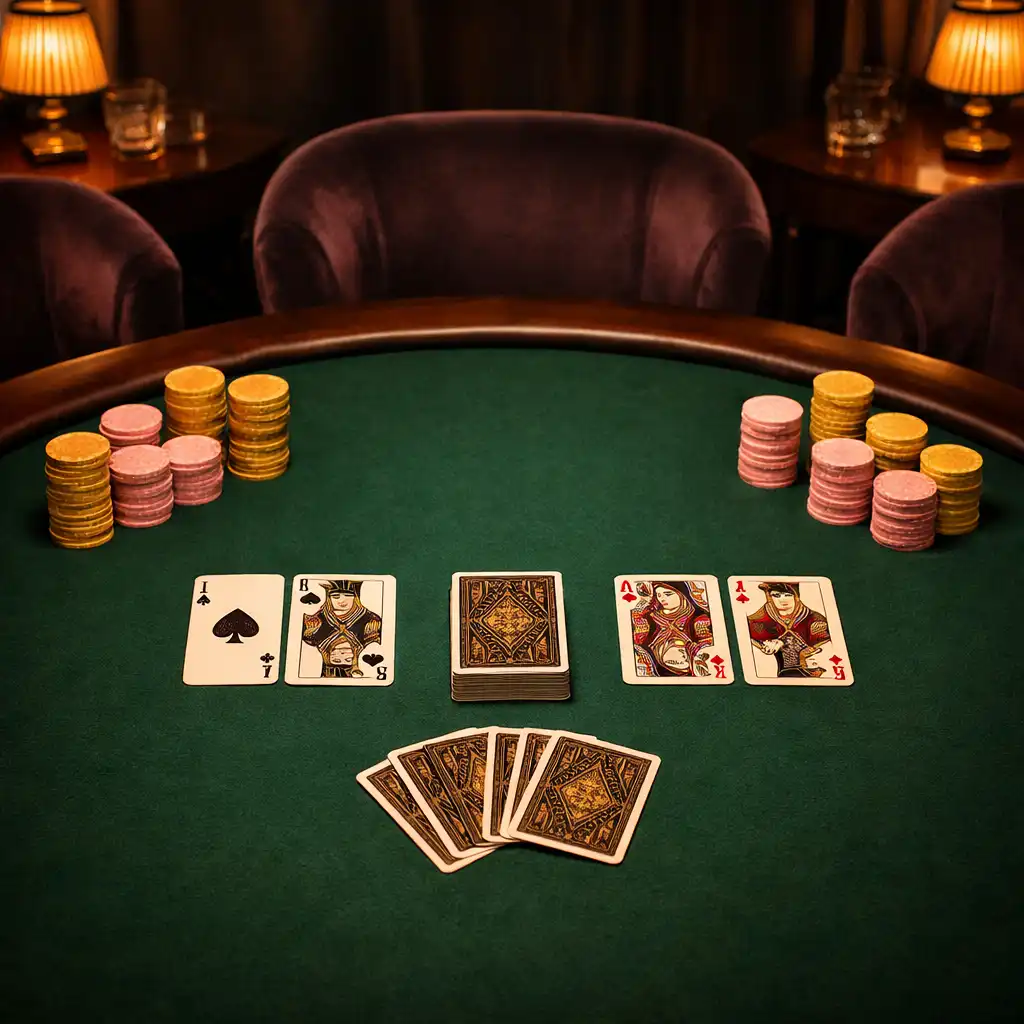 Table de poker élégante dans un salon feutré avec des jetons symboliques mimosa-gold et powder-rose et des cartes Art Déco