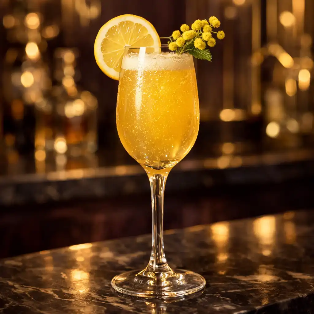 Cocktail Mimosa Royal dans un verre à pied élégant, décoré d'une fine tranche de citron et d'une fleur de mimosa, sur un comptoir sombre.