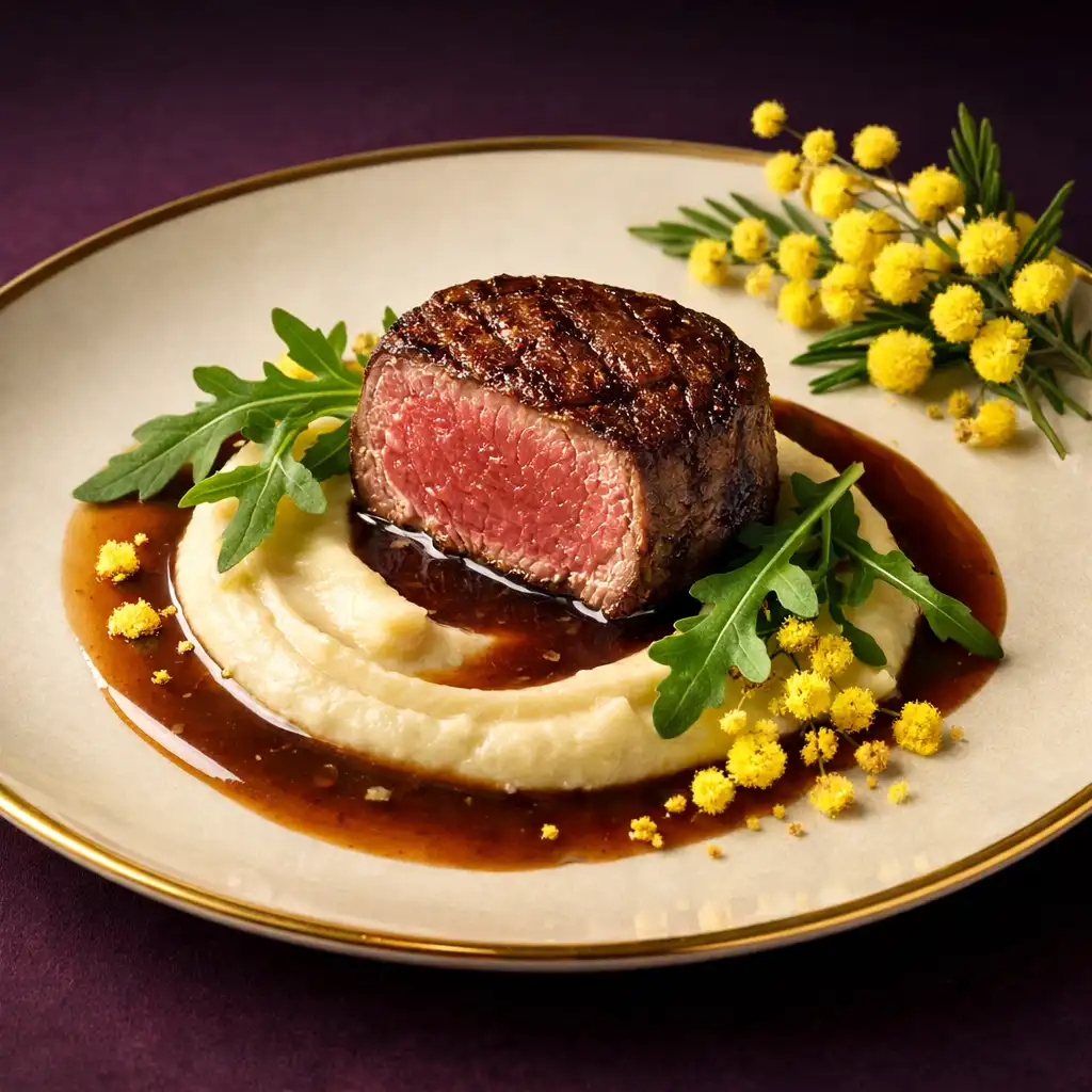 Assiette signature avec filet de bœuf rosé, purée de panais, jus corsé et roquette, présentée sur fond sombre.