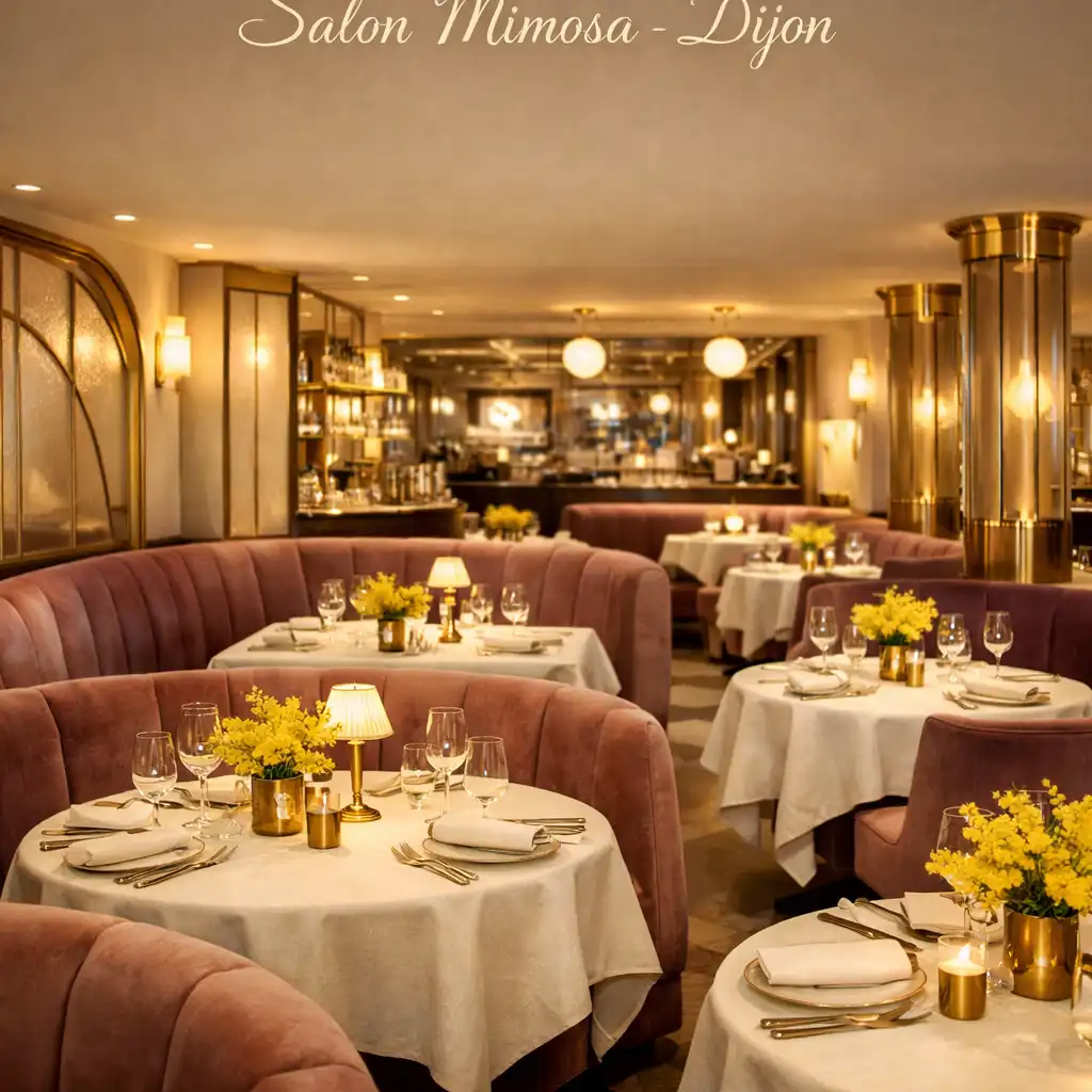 Vue d'ensemble du restaurant Salon Mimosa à Dijon, avec banquettes courbes, tables nappées de lin crème et détails en laiton sous une lumière champagne.