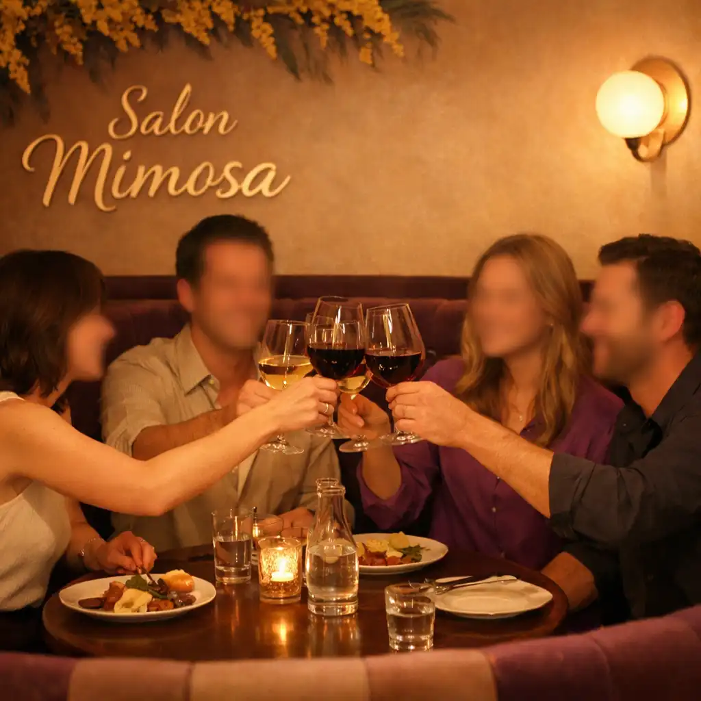 Groupe d'amis attablé dans le restaurant, riant et trinquant avec des verres de vin dans une ambiance chaleureuse et tamisée.