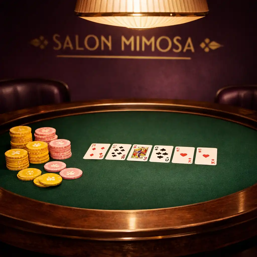 Table de poker ronde en bois sombre avec tapis vert bouteille, cartes à jouer et jetons symboliques mimosa et rose poudré, sous une lumière tamisée.