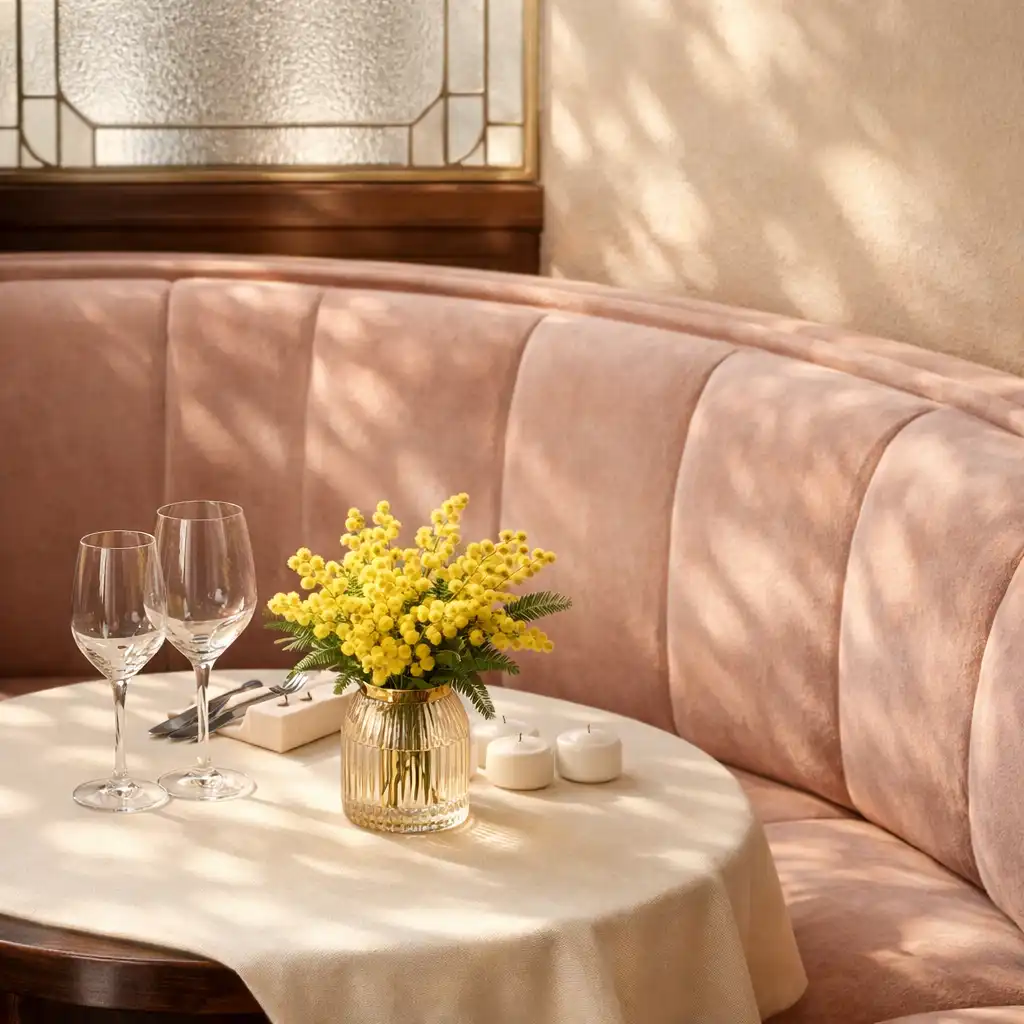 Banquette courbe en velours poudré éclairée par une verrière en verre dépoli, avec une table ronde dressée et un vase de mimosa.