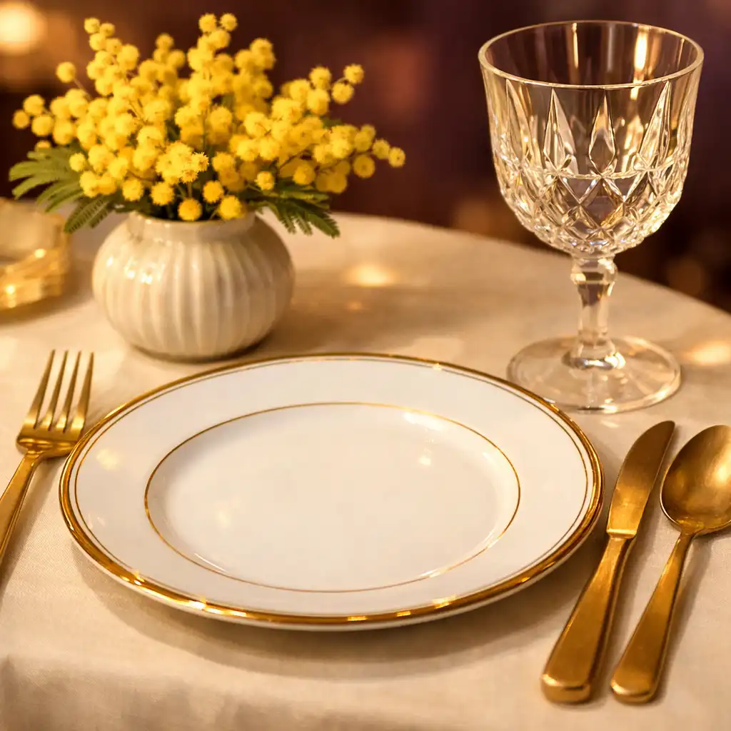 Détail d'une table dressée avec assiette en porcelaine à filet doré, couverts en laiton, verre en cristal et petit bouquet de mimosa.