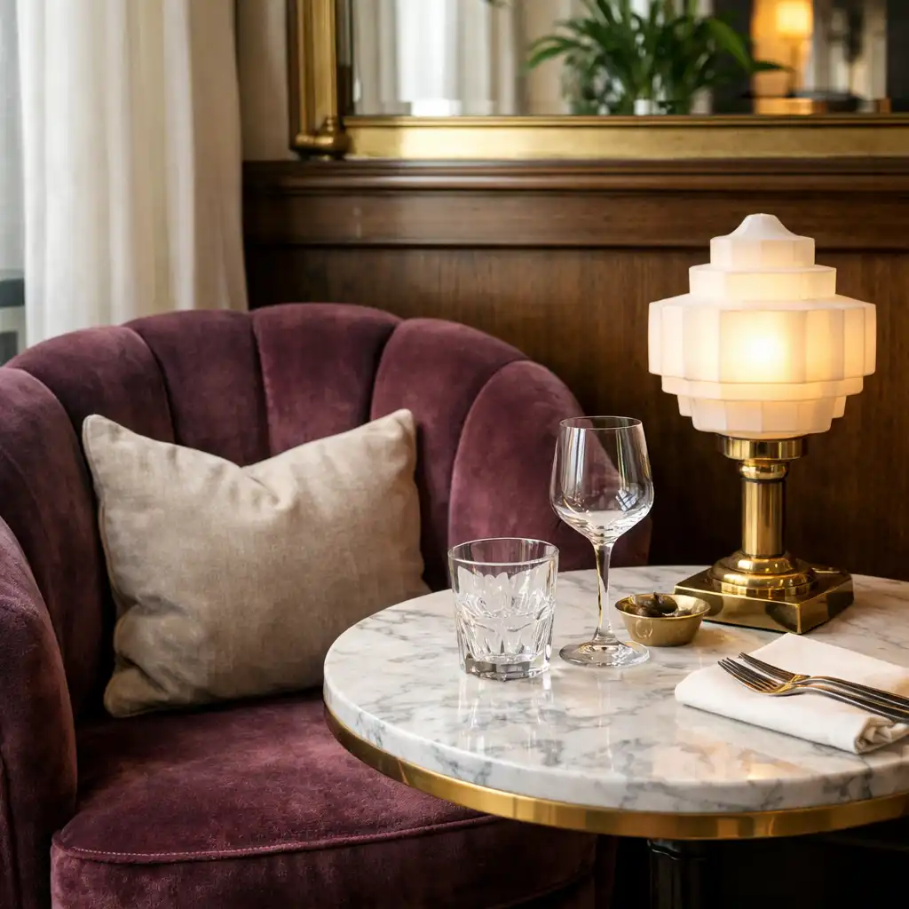 Coin du restaurant avec fauteuil en velours prune, petite table en marbre et lampe Art Déco.