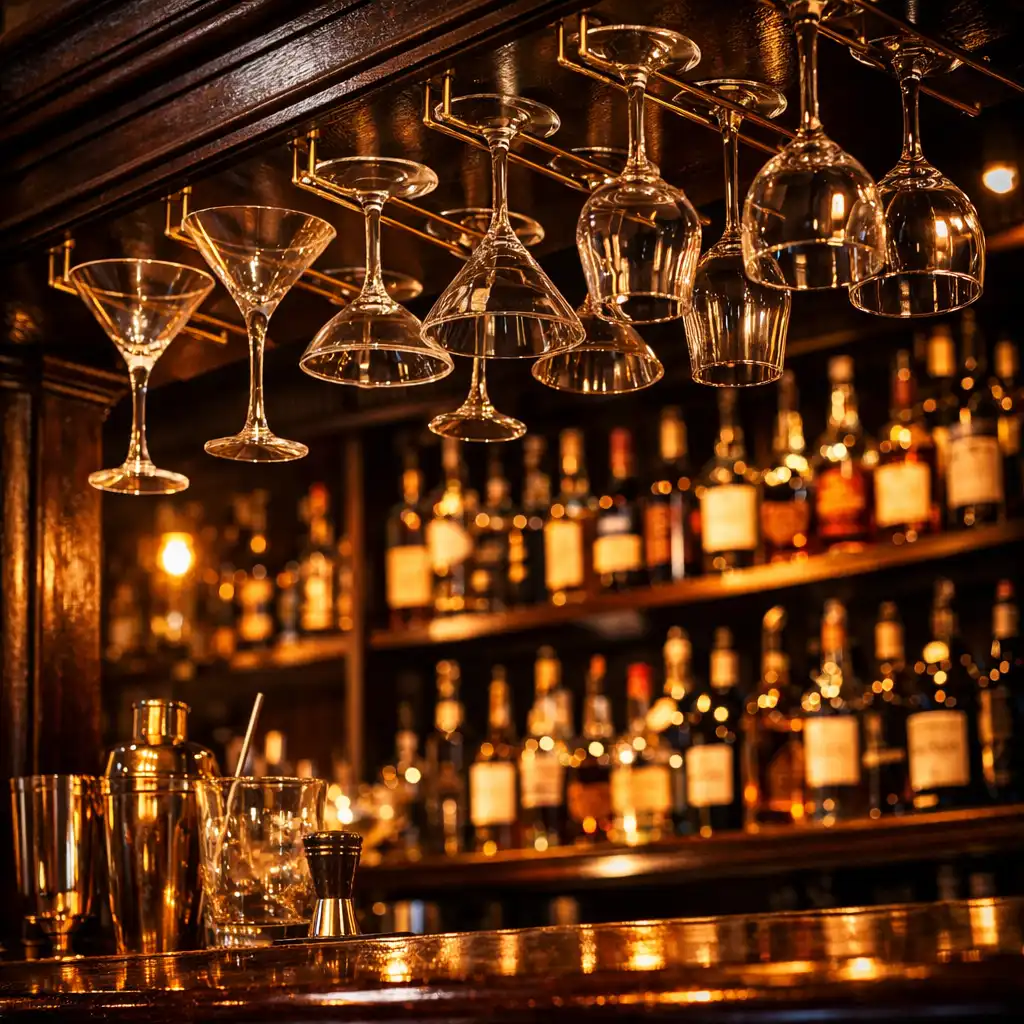 Bar en bois sombre avec verres à cocktail suspendus et étagère de bouteilles.