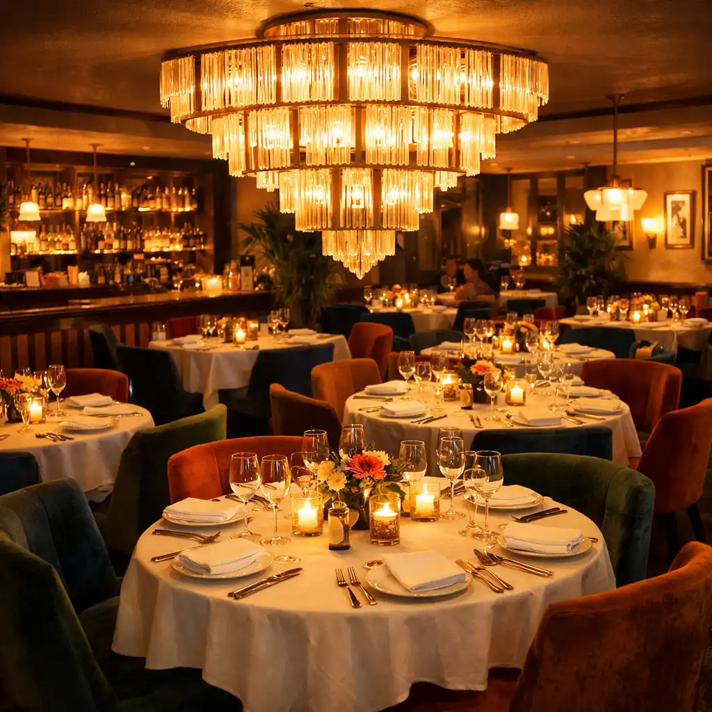 Salle principale du restaurant avec tables dressées, chaises en velours et grand lustre Art Déco.