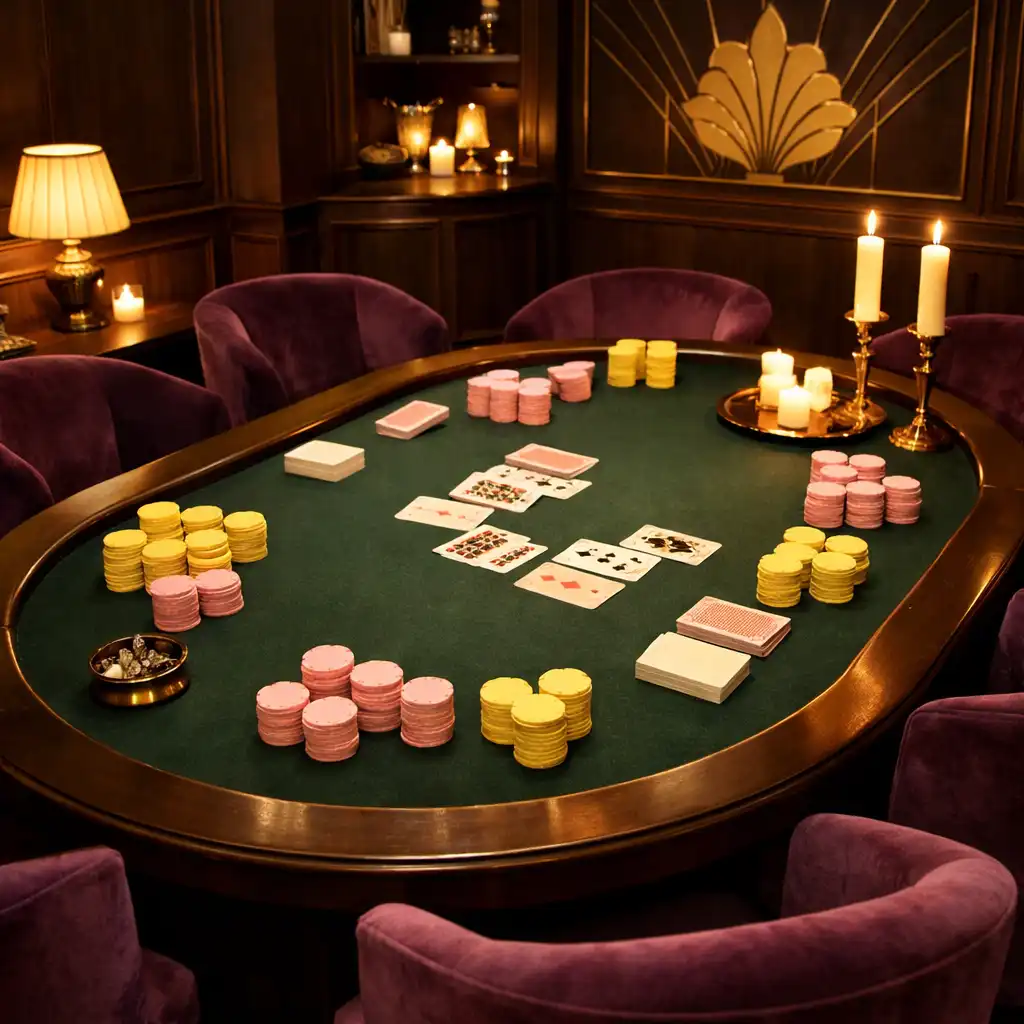 Le salon de poker du Salon Mimosa, avec une grande table ovale en feutre vert, des fauteuils en velours prune et des jetons en céramique sans valeur monétaire.