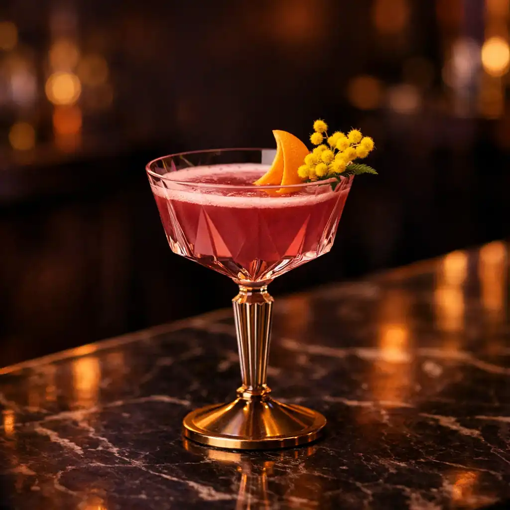 Cocktail signature du Salon Mimosa dans un verre à pied Art Déco posé sur un comptoir en marbre sombre