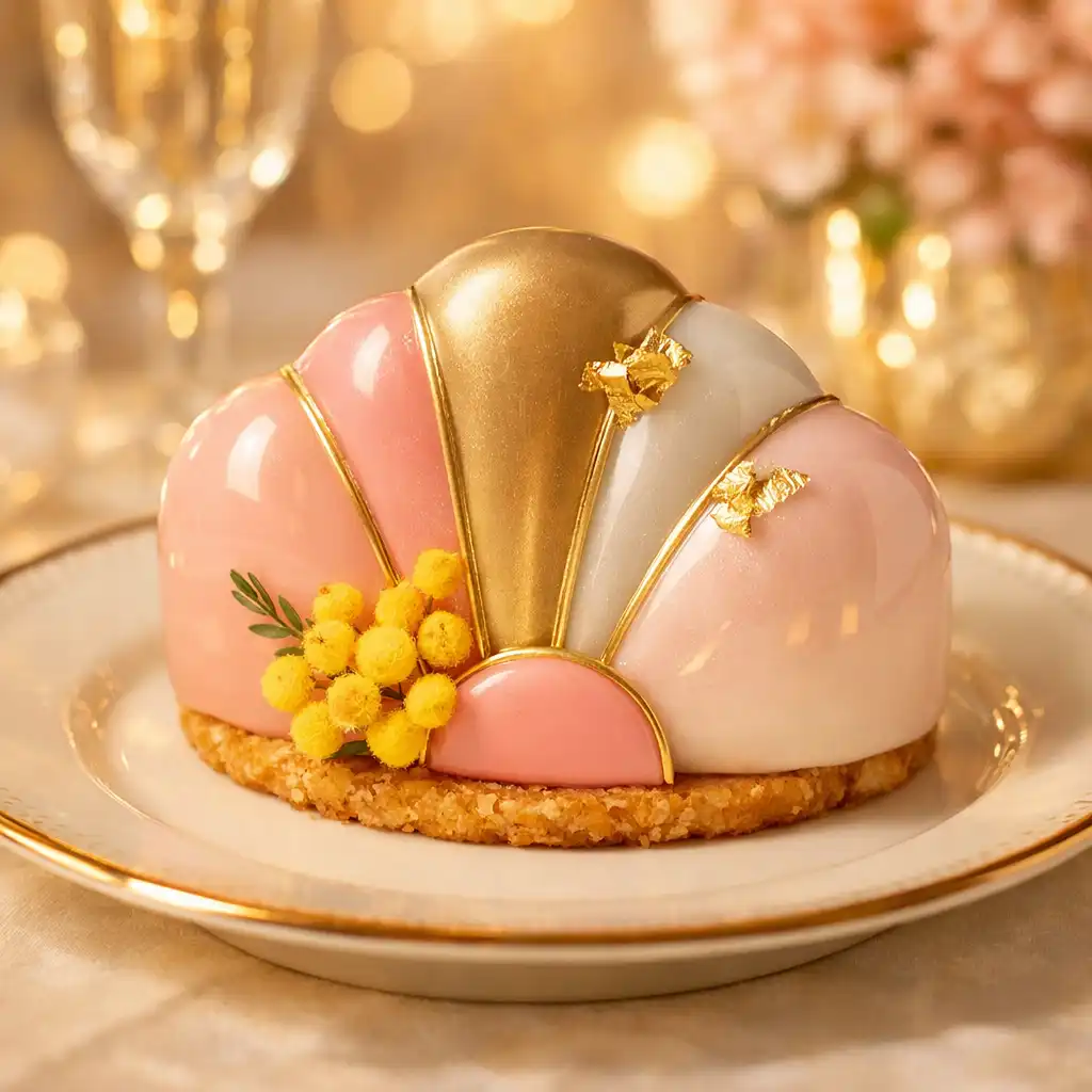Gros plan sur un dessert signature du Salon Mimosa avec glaçage brillant et décor de feuille d'or comestible