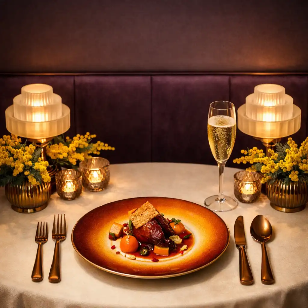 Table élégante au Salon Mimosa avec une assiette signature, des couverts en bronze et un verre de champagne sous un éclairage chaleureux
