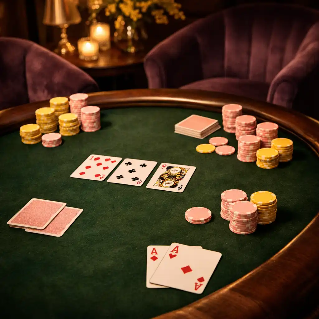 Table de poker élégante dans le salon après-minuit du Salon Mimosa avec tapis vert foncé, jetons symboliques et fauteuils en velours prune
