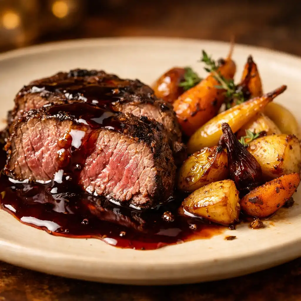 Filet de bœuf charolais tranché, nappé d'une sauce au vin rouge, avec des légumes racines rôtis.
