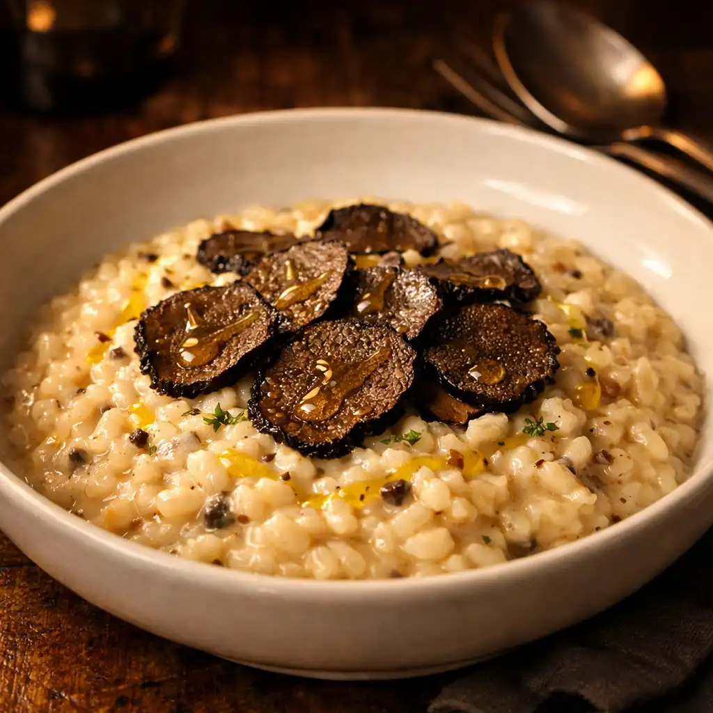 Risotto crémeux aux truffes de Bourgogne, avec des lamelles de truffe noire et un filet d'huile d'olive.