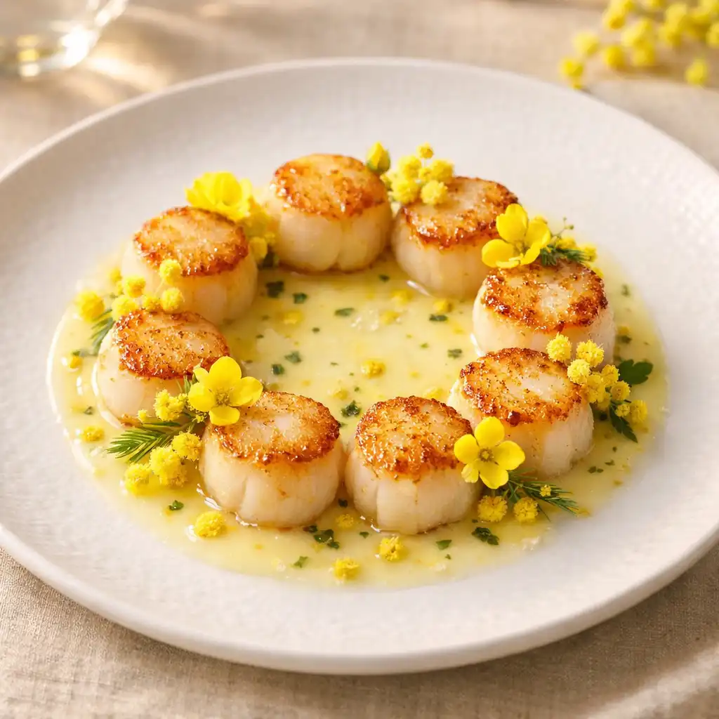 Noix de Saint-Jacques snackées disposées en cercle avec un beurre blanc au mimosa et des fleurs comestibles.