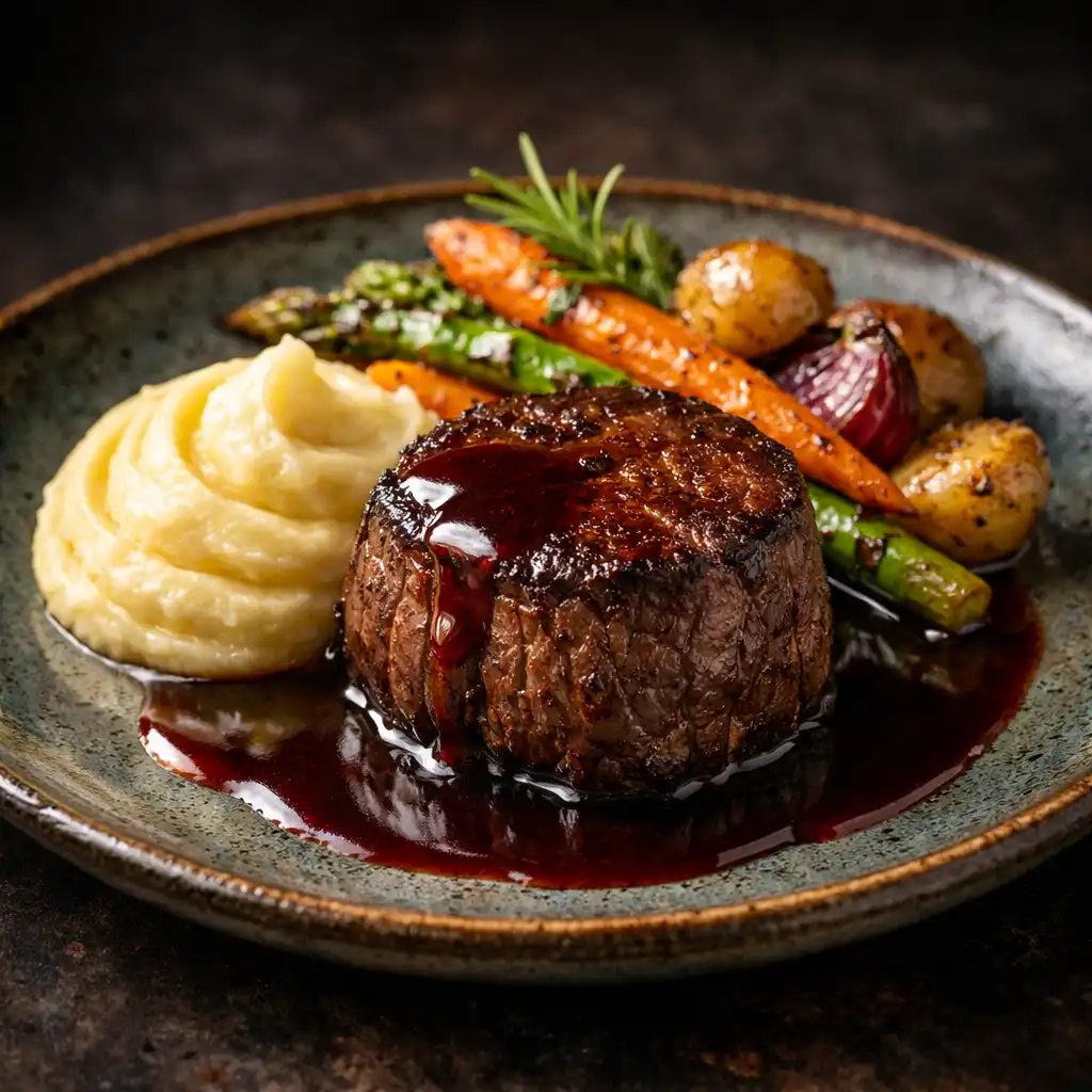 Filet de bœuf avec jus au vin rouge, légumes rôtis et purée onctueuse sur assiette en céramique.