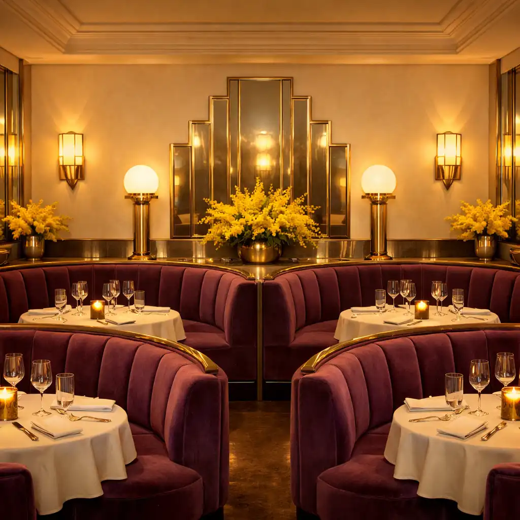 Intérieur Art Déco de Salon Mimosa avec banquettes courbes en velours prune, luminaires en laiton et murs champagne crème.