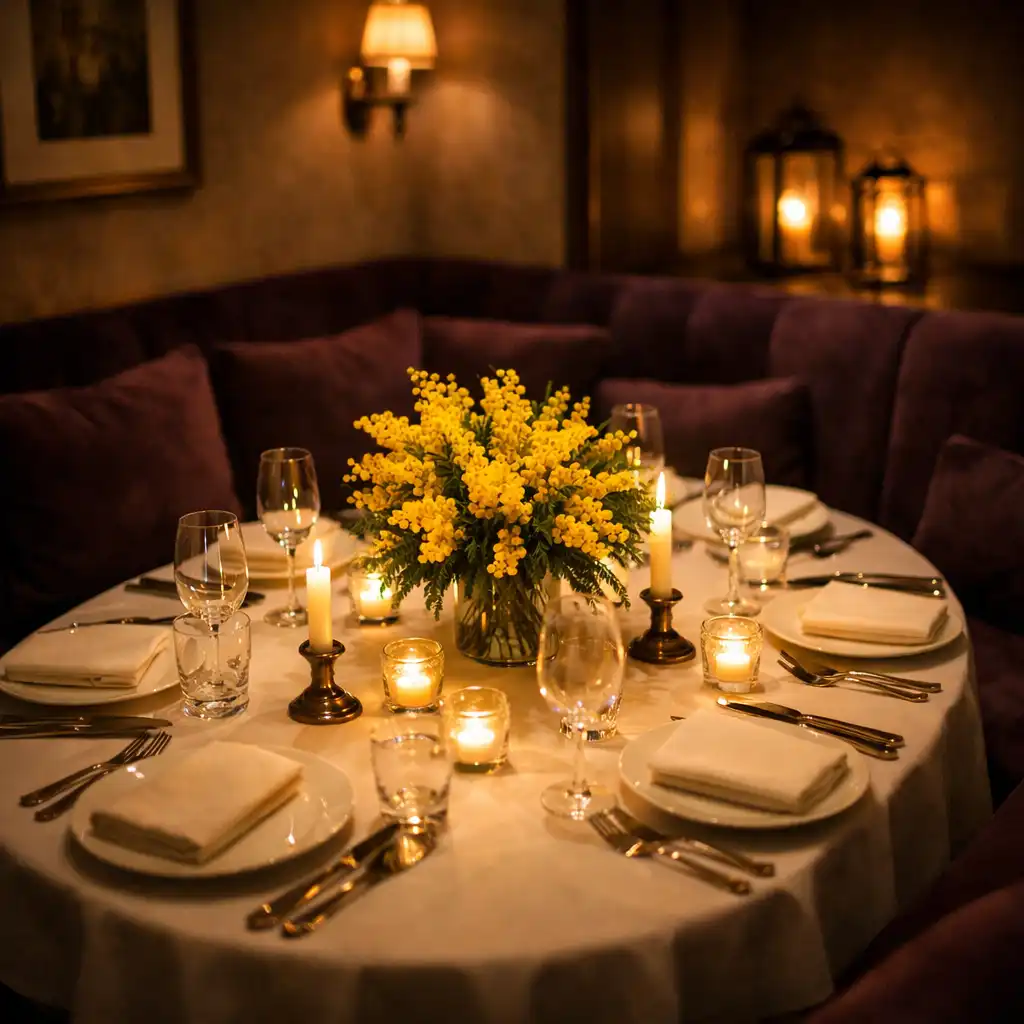 Petit salon privé avec table dressée pour six personnes, banquettes en velours prune et bouquet de mimosa.