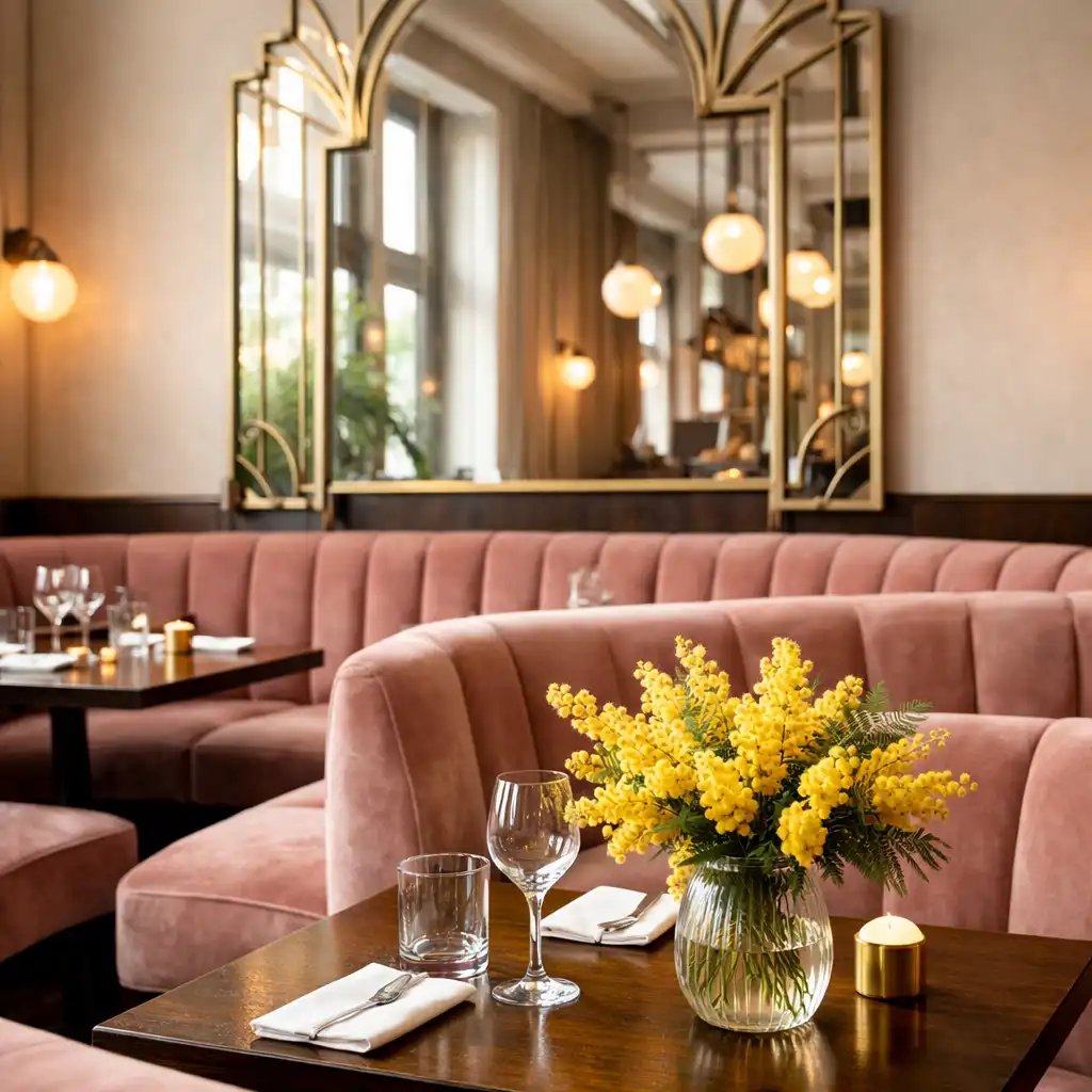 Salon du restaurant avec banquettes courbes en velours rose poudré, grand miroir Art Déco et fleurs de mimosa.