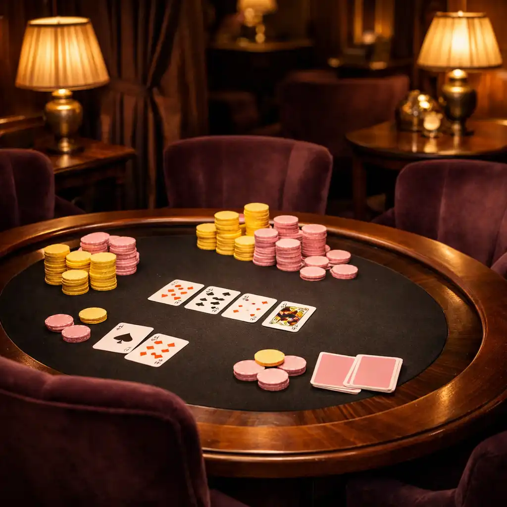 Salon de poker élégant avec table ronde en bois sombre et fauteuils en velours deep-plum