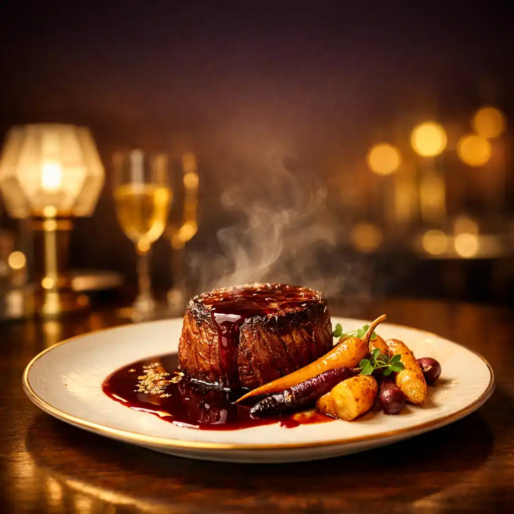 Filet de bœuf charolais nappé d'une sauce au vin rouge, accompagné de légumes racines rôtis, sur une table de restaurant Art Déco.