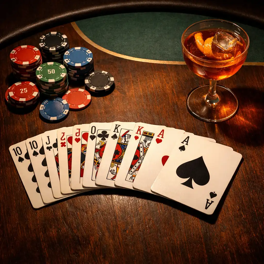 Jeu de cartes étalé sur une table de poker en bois sombre
