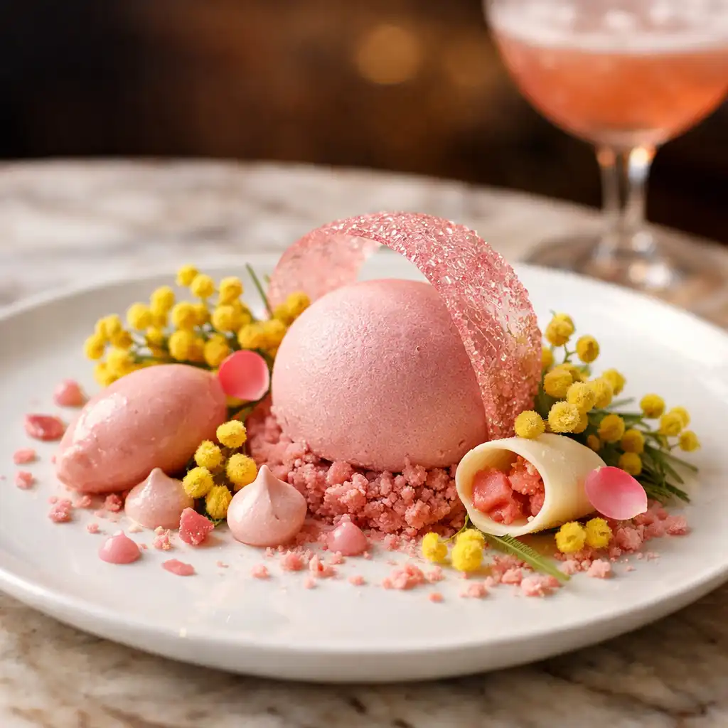 Dessert artistique servi sur une assiette en porcelaine