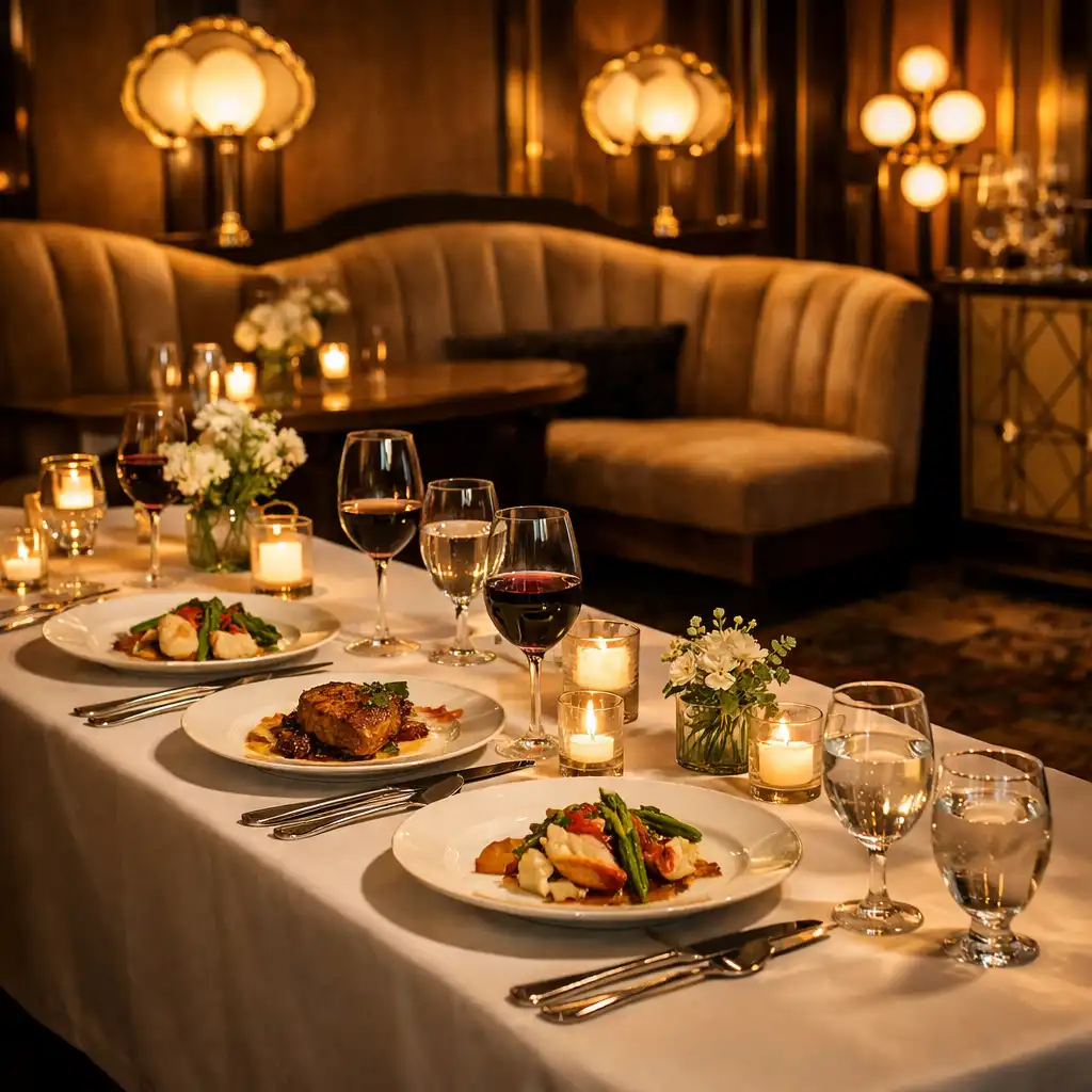 Table de dîner privée avec assiettes gastronomiques et décoration florale