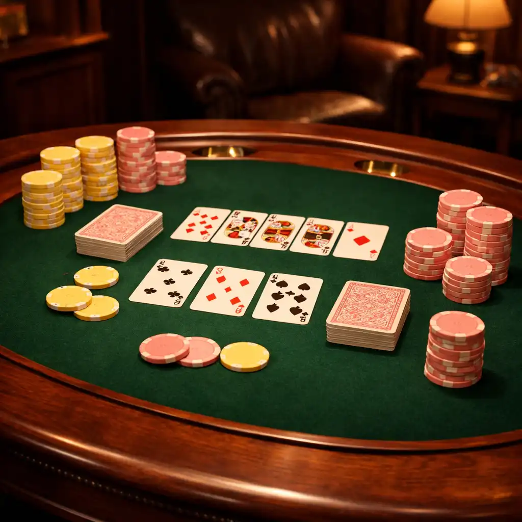 Table de poker en bois noble avec tapis vert, cartes à jouer et jetons symboliques mimosa et rose poudré, sans argent.