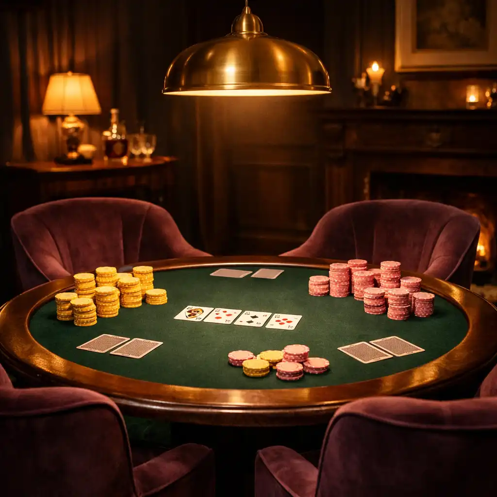 Table de poker ronde dans un salon feutré, avec des jetons symboliques mimosa et rose, éclairée par une lampe en laiton.